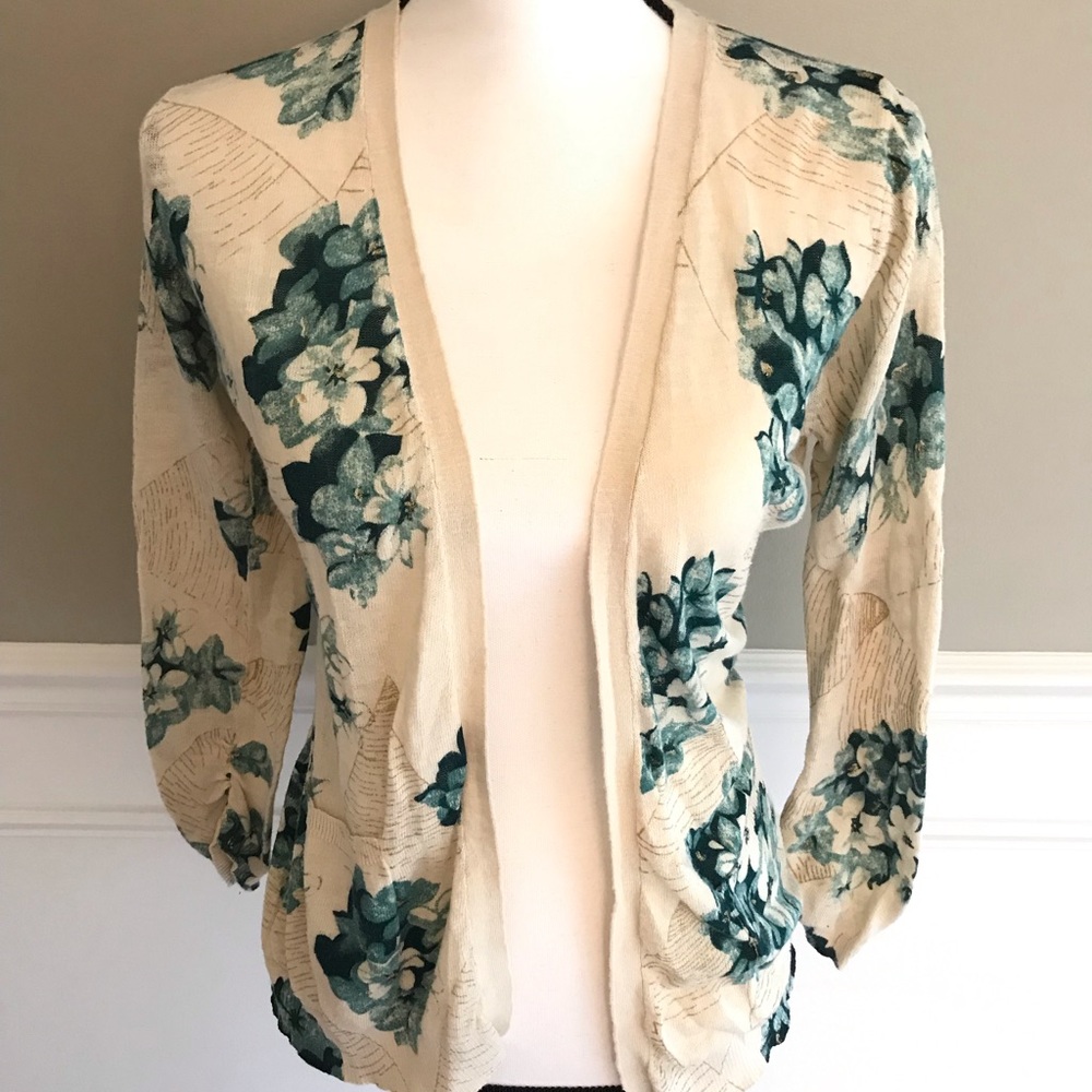 Anthro Guinevere Quince gold blue cardigan Sz S